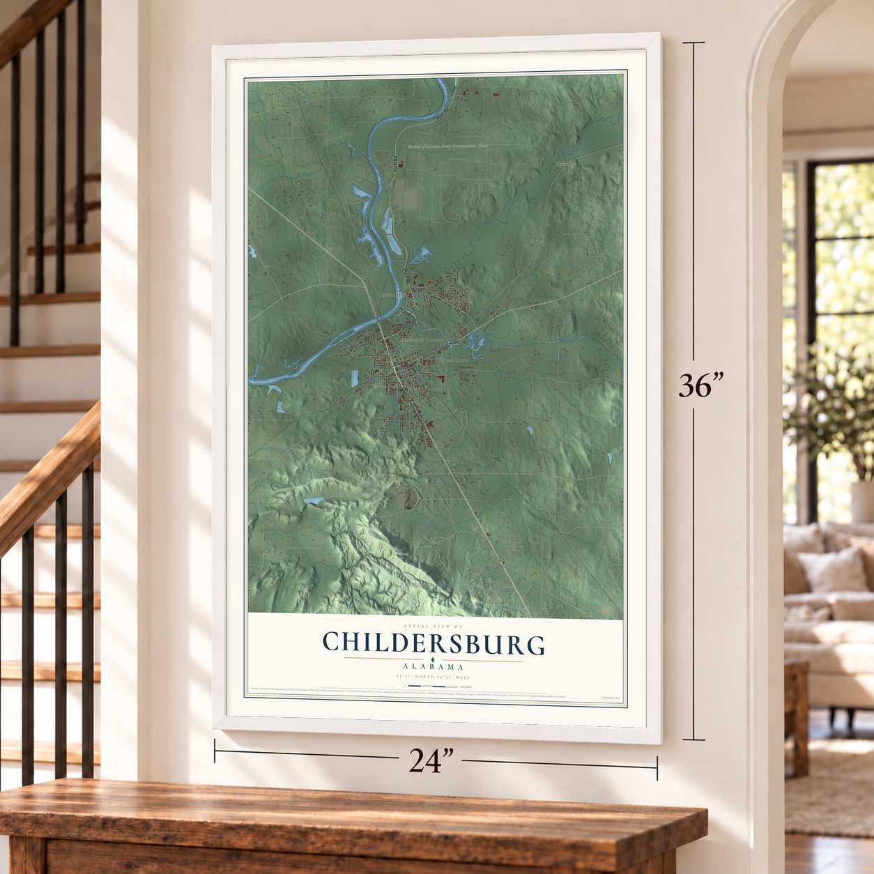Childersburg, Alabama map, 24 x 36 inch print in a white frame by a staircase