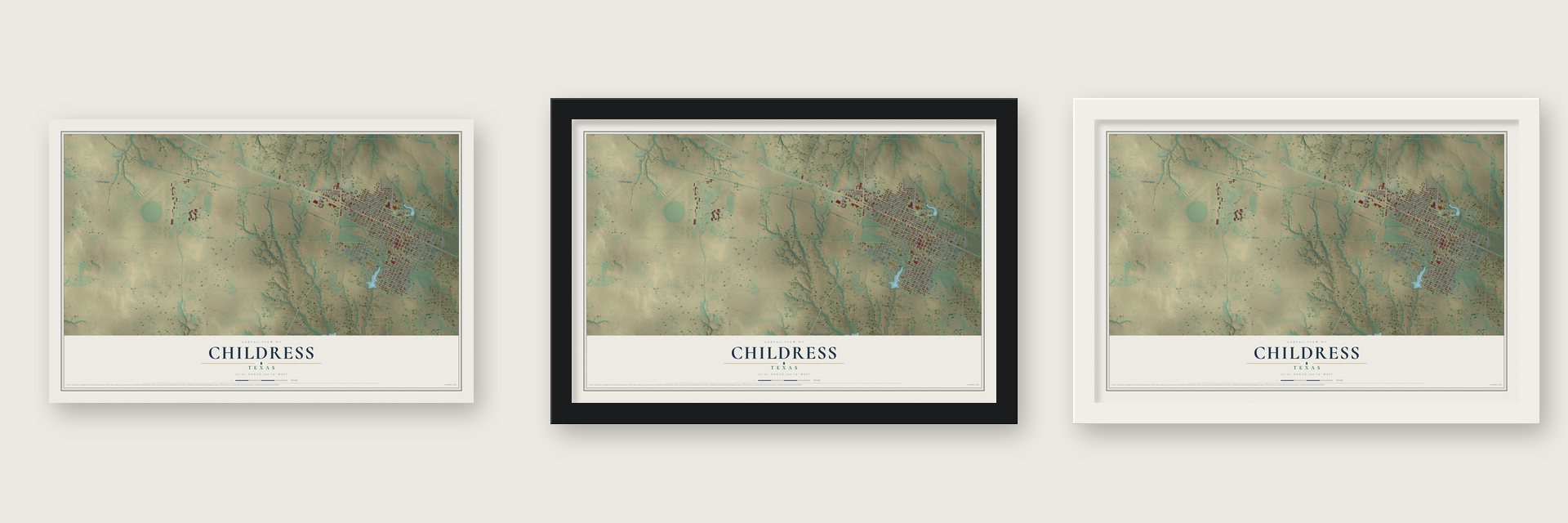 Childress, Texas map unframed, in a black wood frame and in a white wood frame