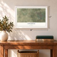 Childress, Texas map, 12 x 18 inch print in a white frame in an entryway