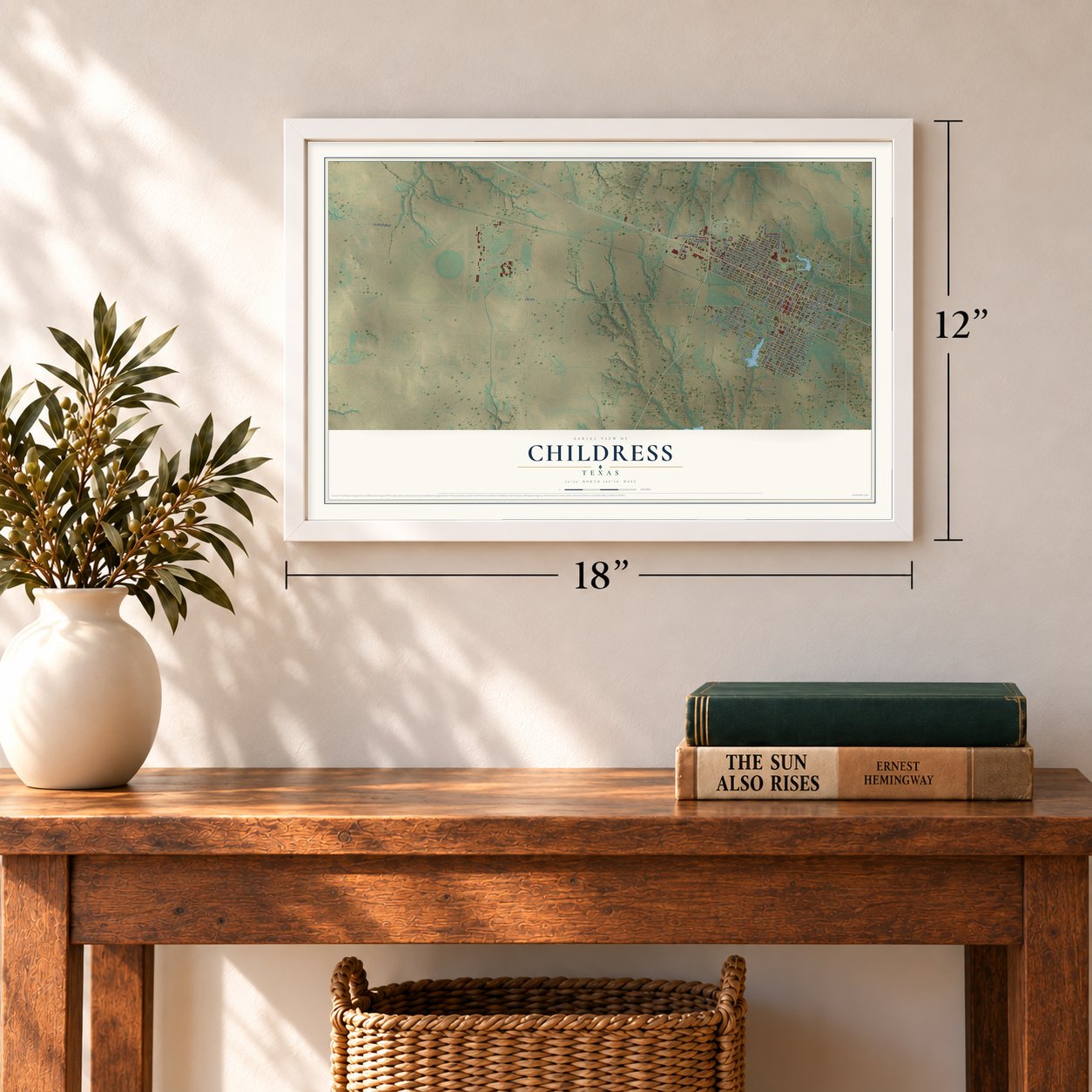 Childress, Texas map, 12 x 18 inch print in a white frame in an entryway