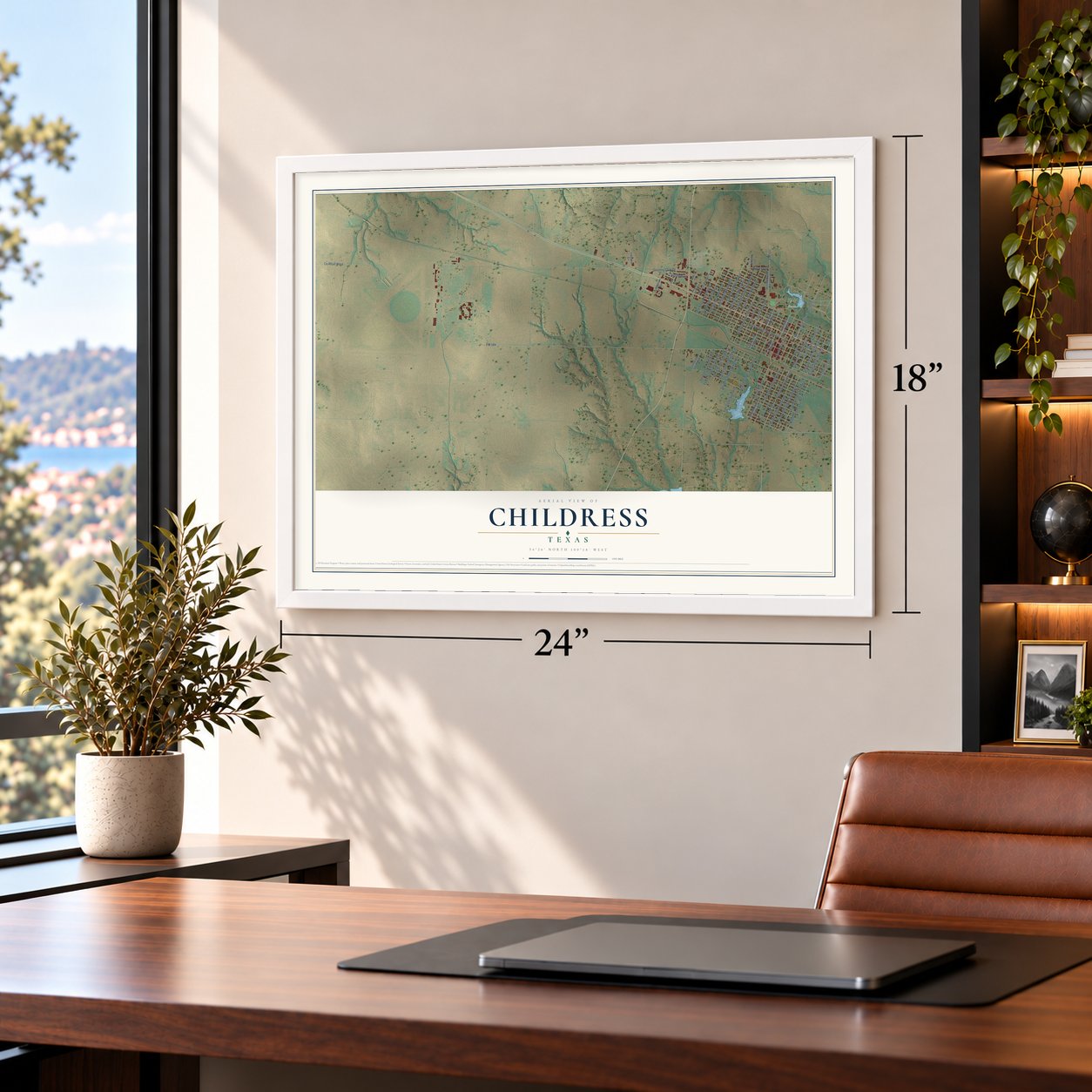 Childress, Texas map, 18 x 24 inch print in a white frame in a home office