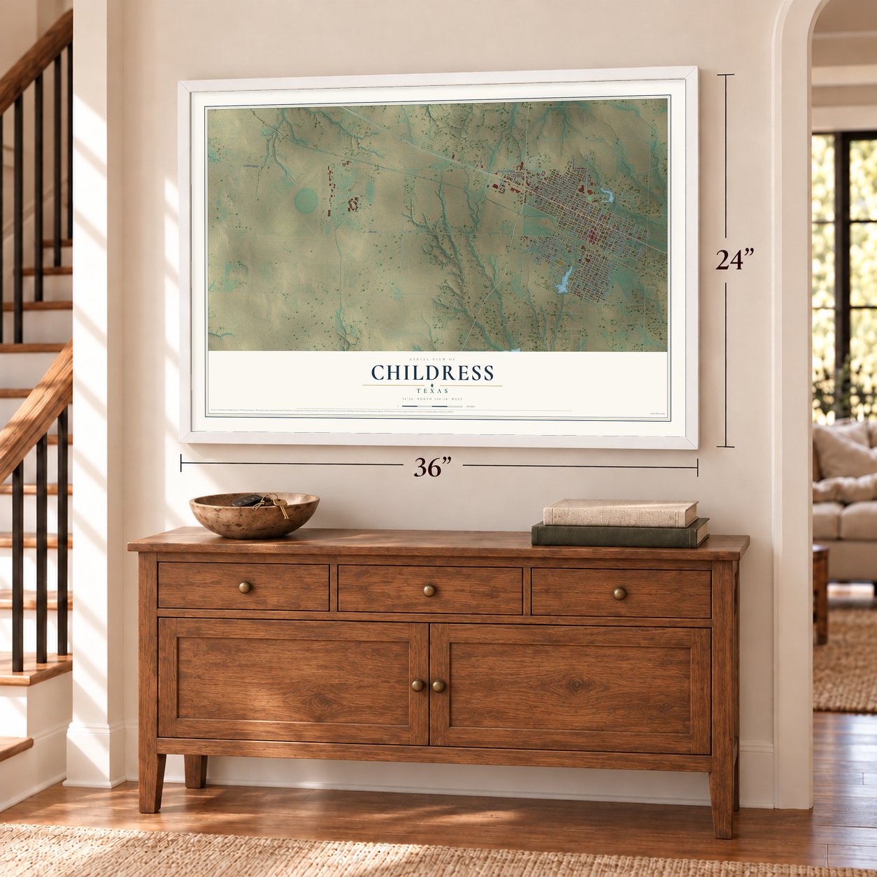 Childress, Texas map, 24 x 36 inch print in a white frame above a dresser by a staircase