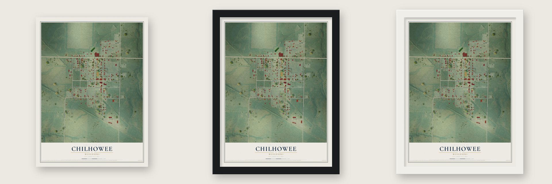 Chilhowee, Missouri map unframed, in a black wood frame and in a white wood frame