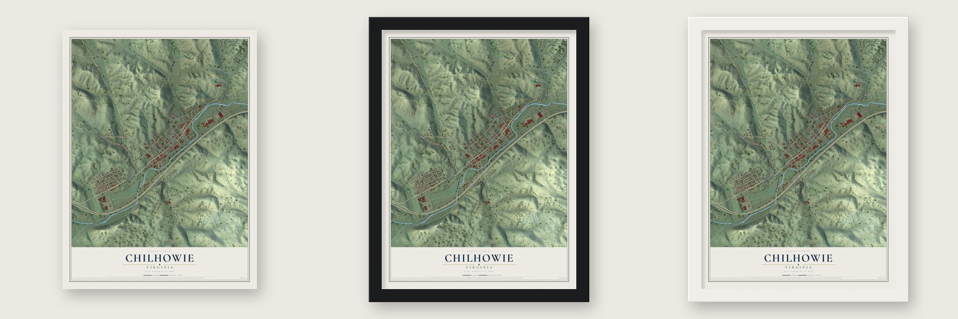 Chilhowie, Virginia map unframed, in a black wood frame and in a white wood frame