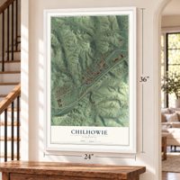 Chilhowie, Virginia map, 24 x 36 inch print in a white frame by a staircase