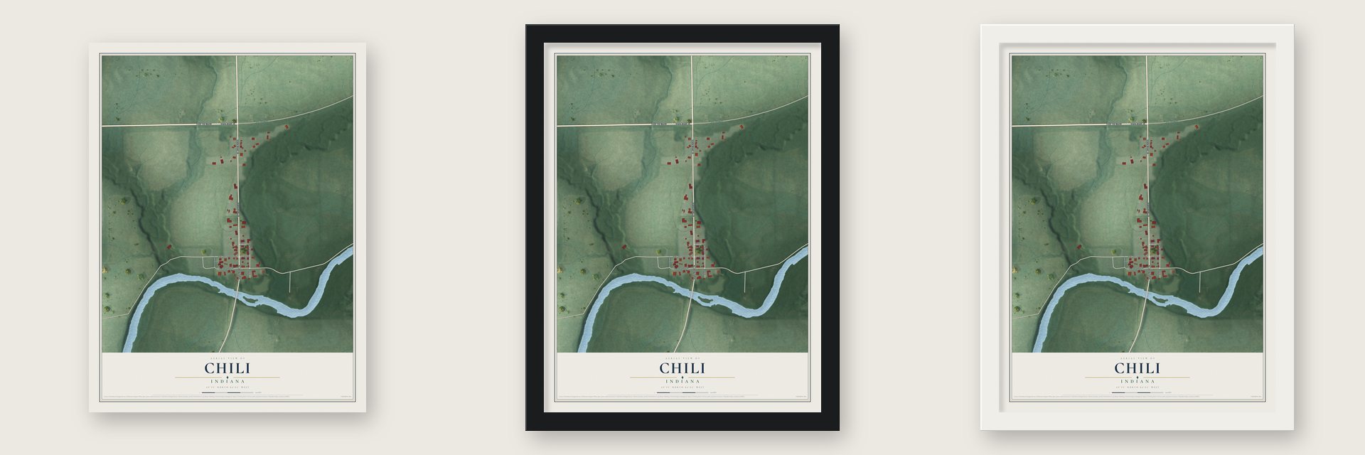 Chili, Indiana map unframed, in a black wood frame and in a white wood frame