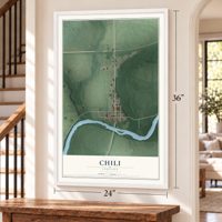 Chili, Indiana map, 24 x 36 inch print in a white frame by a staircase
