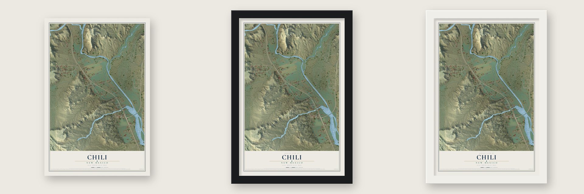 Chili, New Mexico map unframed, in a black wood frame and in a white wood frame