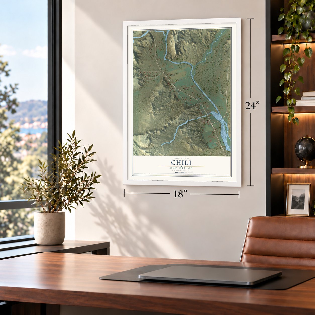 Chili, New Mexico map, 18 x 24 inch print in a white frame in a home office