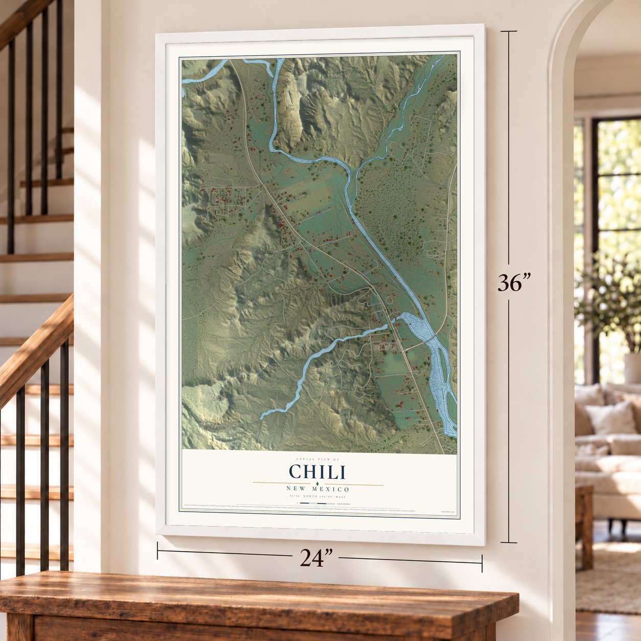 Chili, New Mexico map, 24 x 36 inch print in a white frame by a staircase