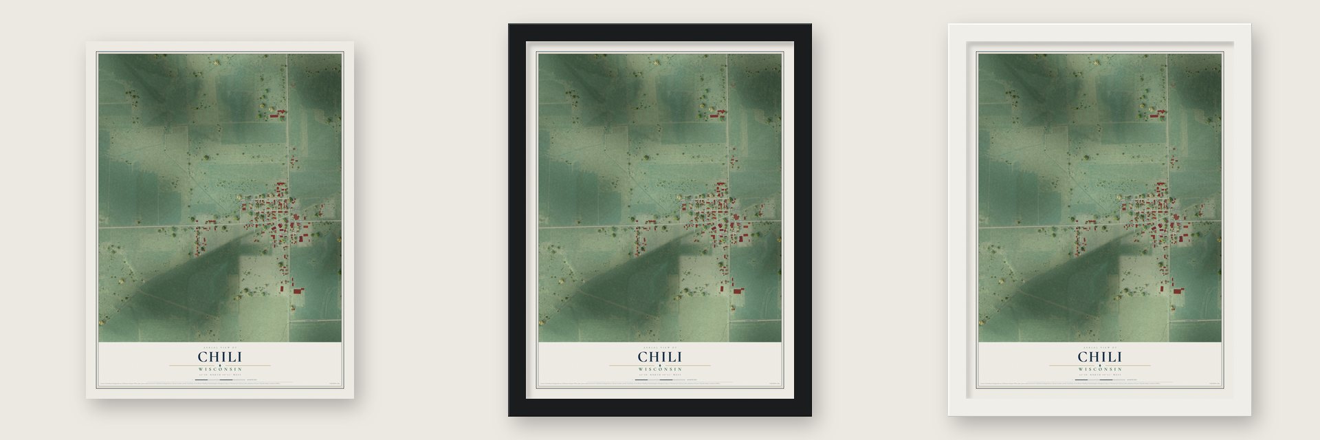 Chili, Wisconsin map unframed, in a black wood frame and in a white wood frame