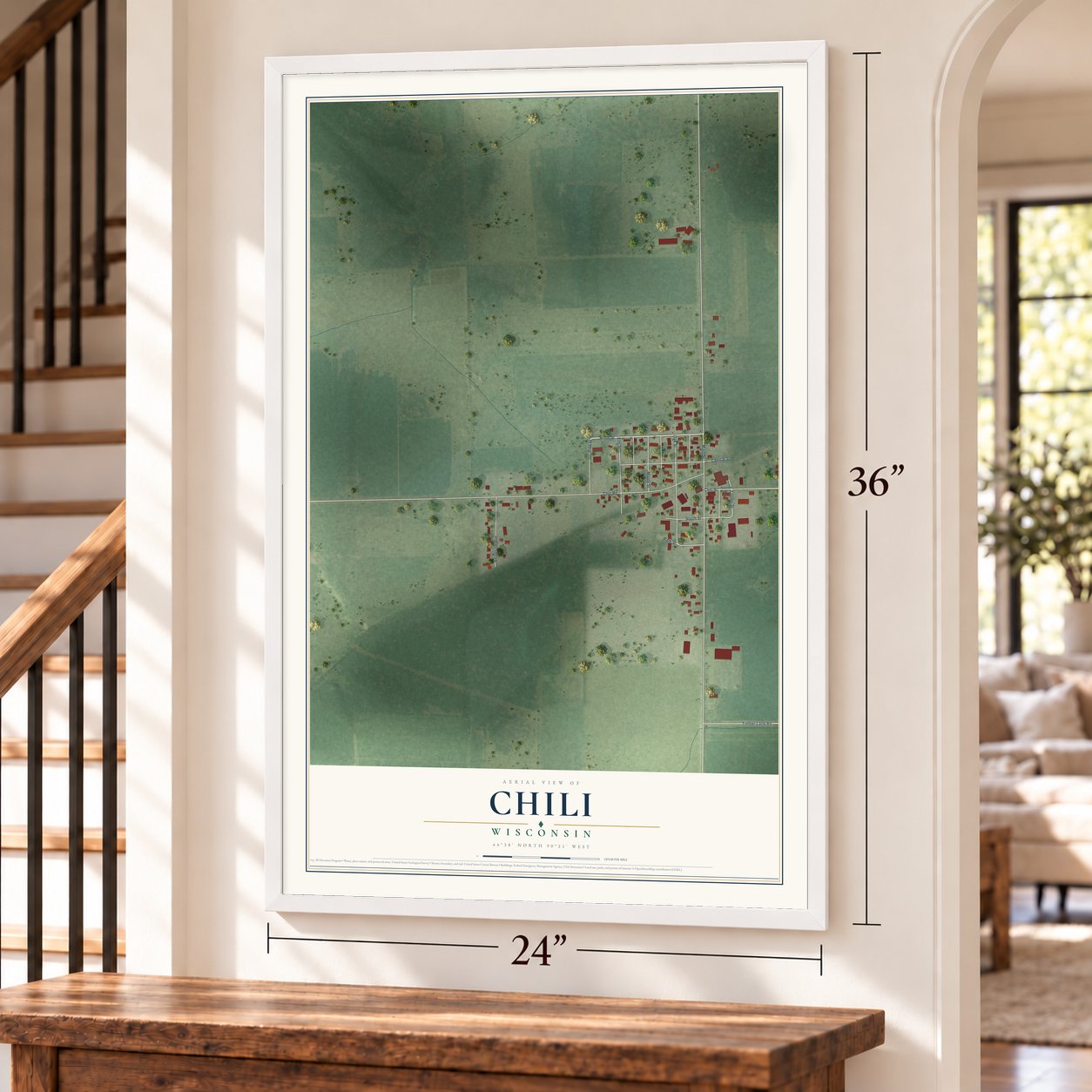 Chili, Wisconsin map, 24 x 36 inch print in a white frame by a staircase