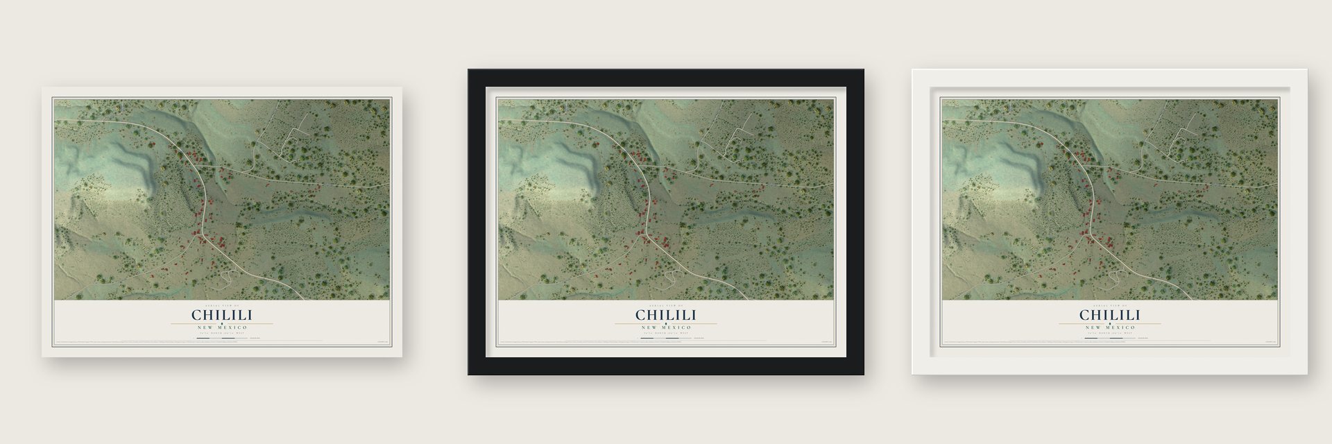 Chilili, New Mexico map unframed, in a black wood frame and in a white wood frame