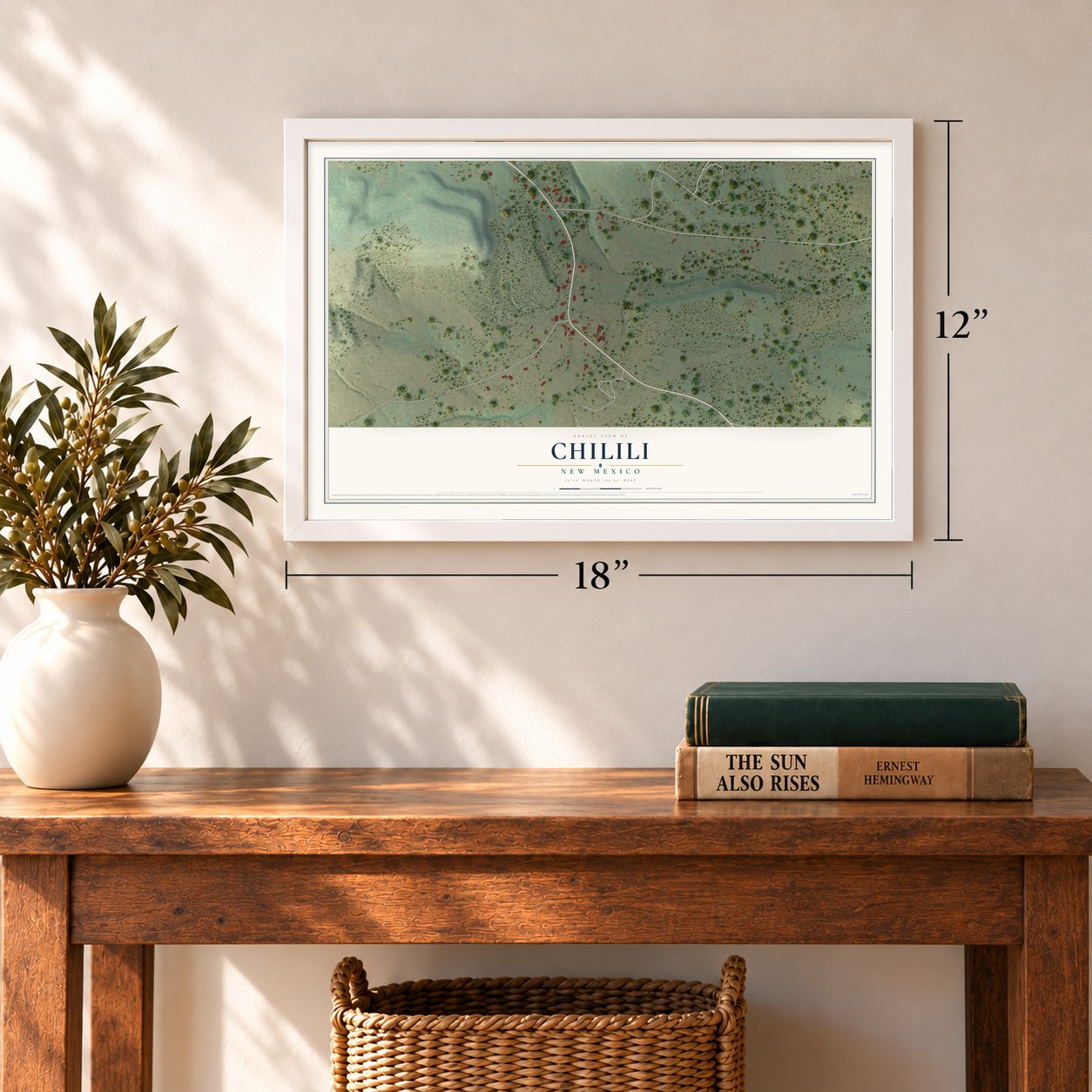 Chilili, New Mexico map, 12 x 18 inch print in a white frame in an entryway