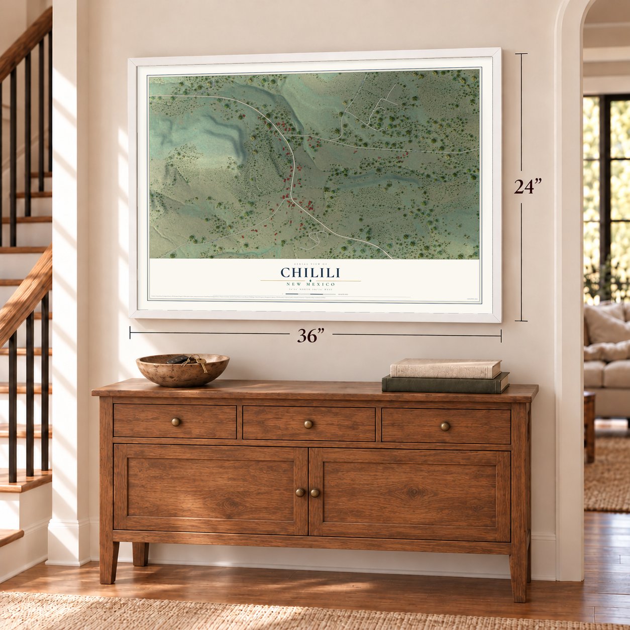 Chilili, New Mexico map, 24 x 36 inch print in a white frame above a dresser by a staircase