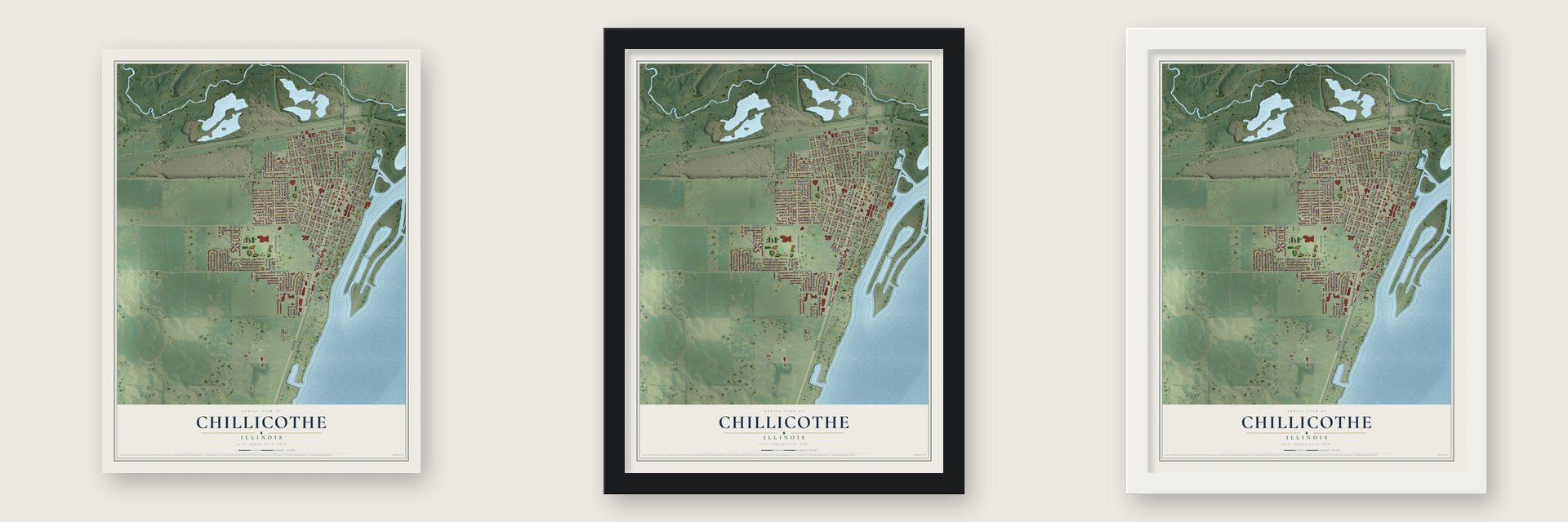 Chillicothe, Illinois map unframed, in a black wood frame and in a white wood frame