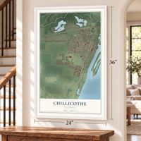 Chillicothe, Illinois map, 24 x 36 inch print in a white frame by a staircase