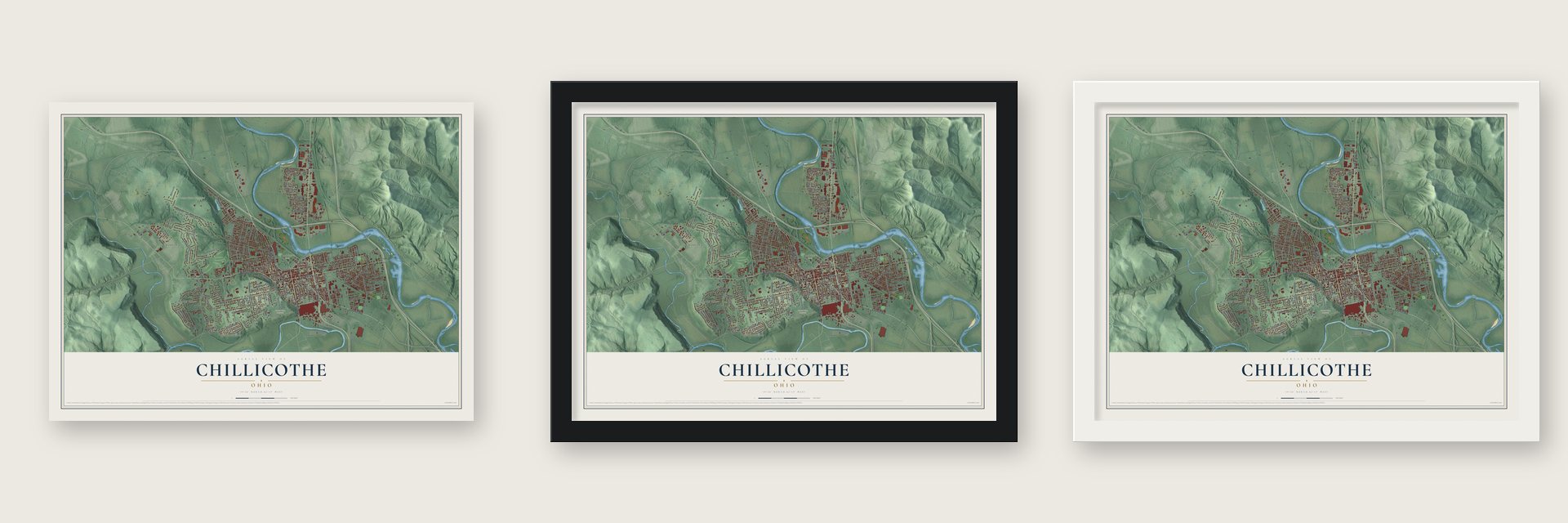 Chillicothe, Ohio map unframed, in a black wood frame and in a white wood frame