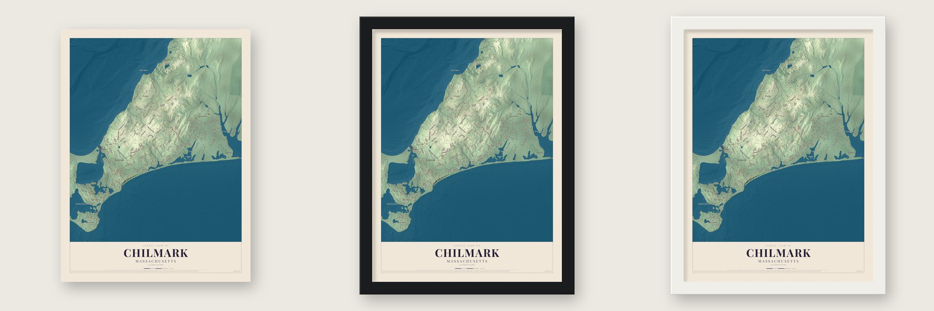 Chilmark, Massachusetts map unframed, in a black wood frame and in a white wood frame