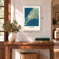 Chilmark, Massachusetts map, 12 x 18 inch print in a white frame in an entryway