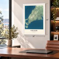 Chilmark, Massachusetts map, 18 x 24 inch print in a white frame in a home office