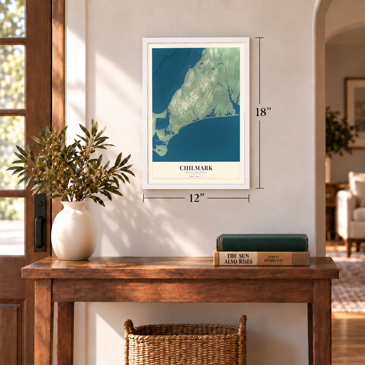 Chilmark, Massachusetts map, 12 x 18 inch print in a white frame in an entryway