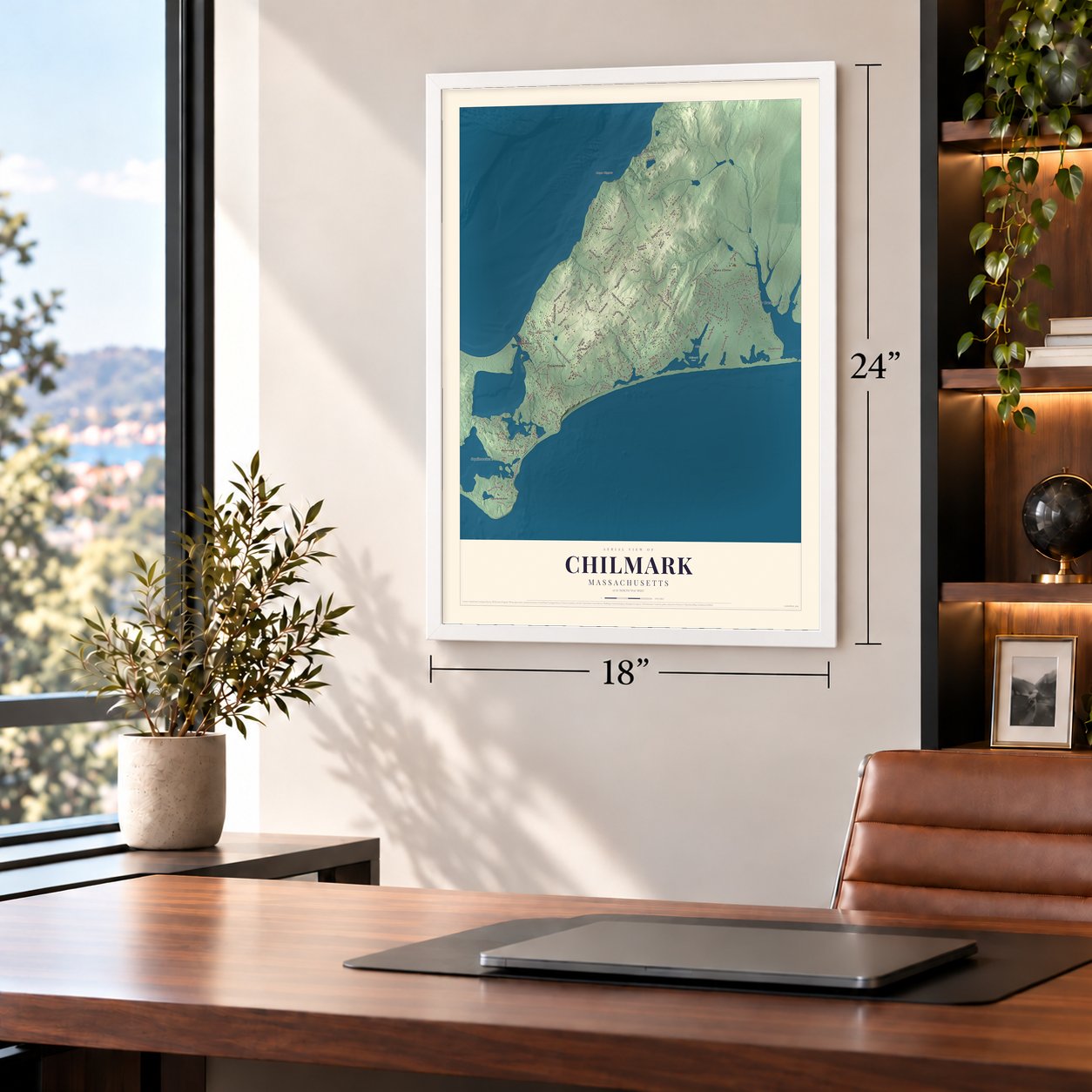 Chilmark, Massachusetts map, 18 x 24 inch print in a white frame in a home office