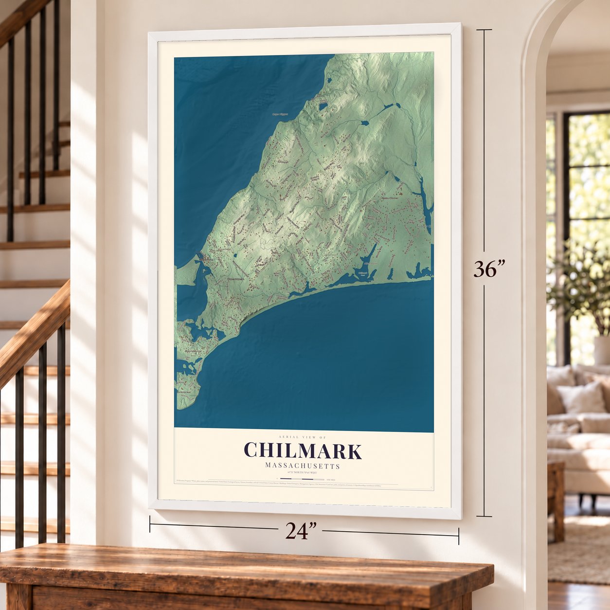 Chilmark, Massachusetts map, 24 x 36 inch print in a white frame by a staircase