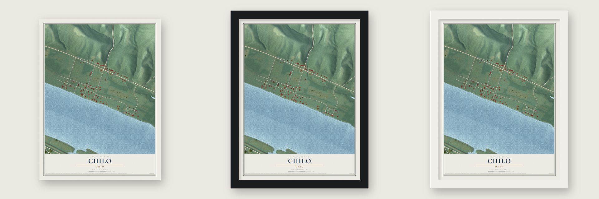 Chilo, Ohio map unframed, in a black wood frame and in a white wood frame