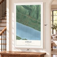 Chilo, Ohio map, 24 x 36 inch print in a white frame by a staircase