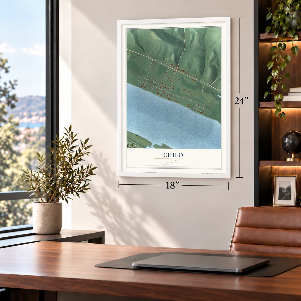 Chilo, Ohio map, 18 x 24 inch print in a white frame in a home office