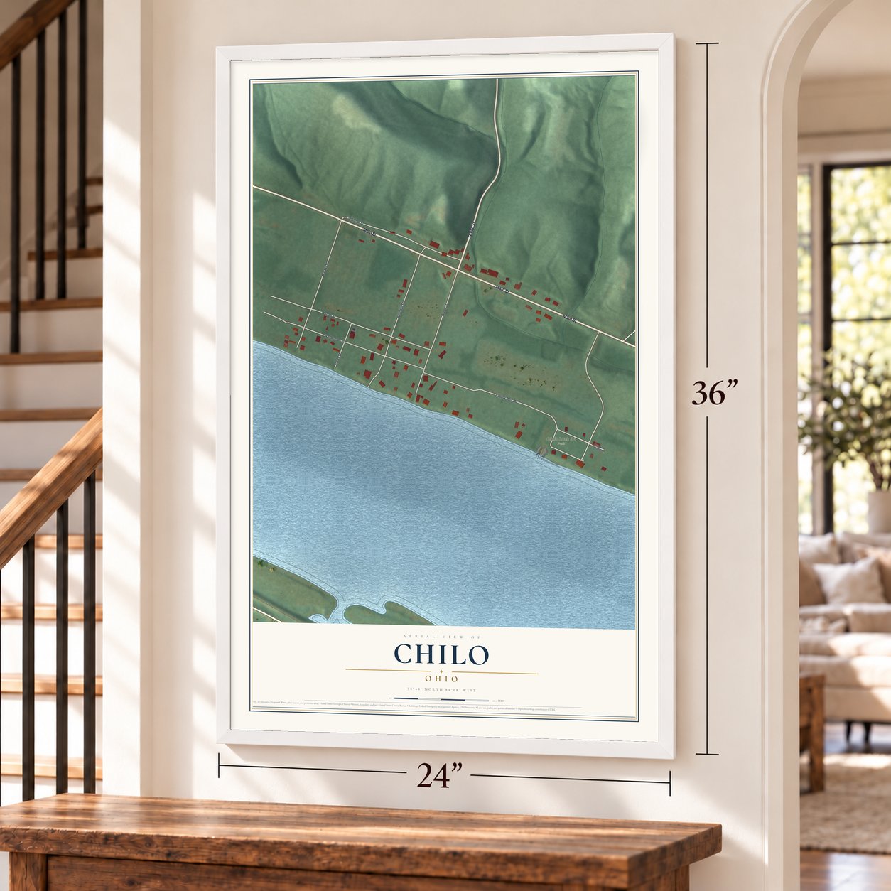 Chilo, Ohio map, 24 x 36 inch print in a white frame by a staircase