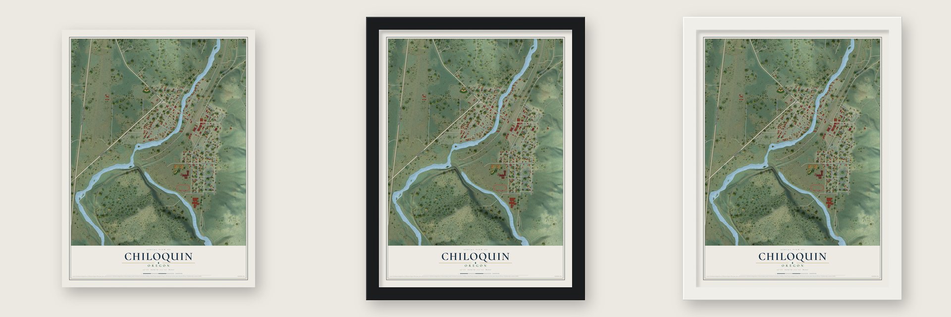 Chiloquin, Oregon map unframed, in a black wood frame and in a white wood frame