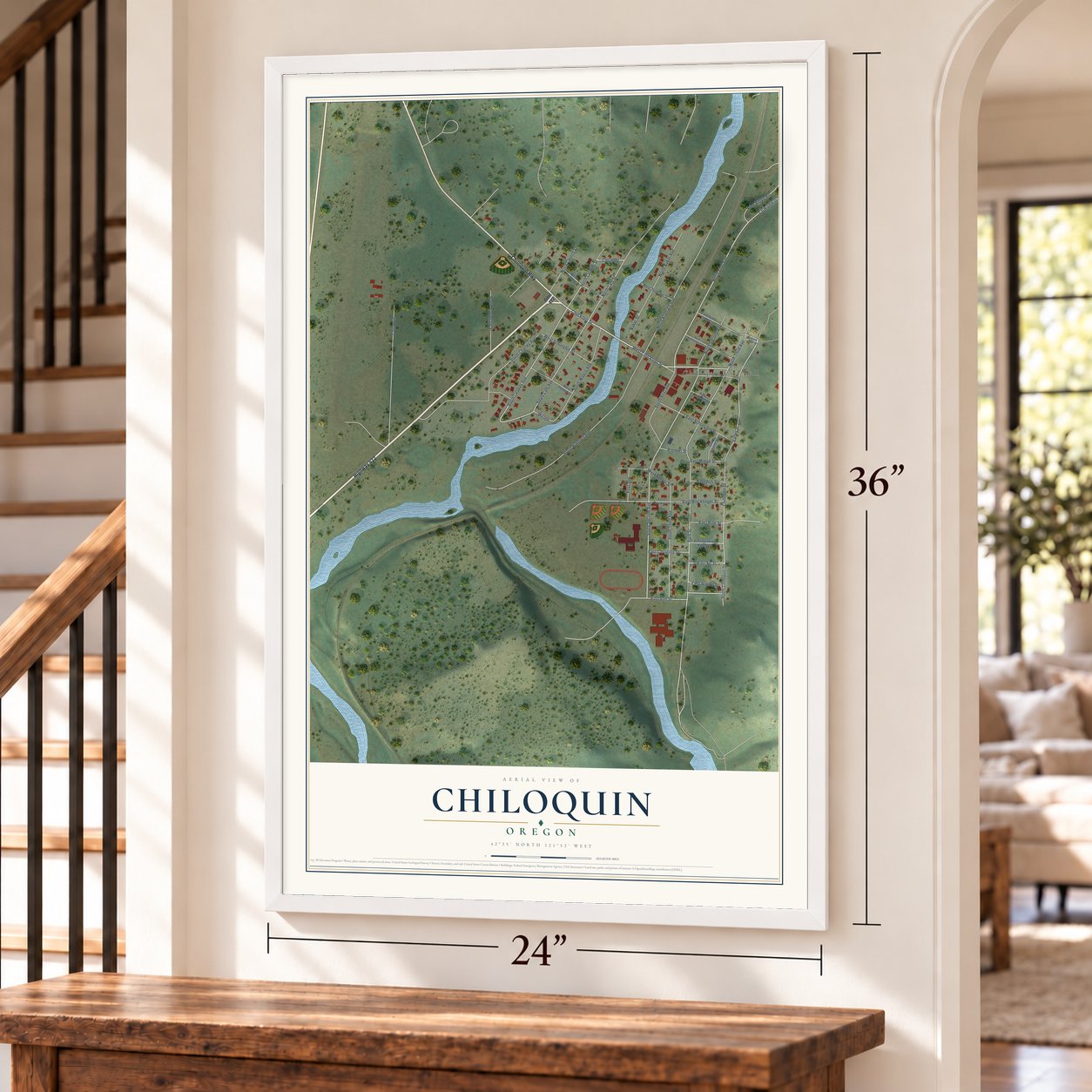 Chiloquin, Oregon map, 24 x 36 inch print in a white frame by a staircase