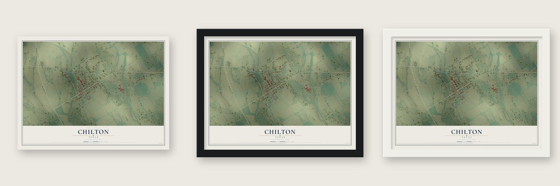 Chilton, Texas map unframed, in a black wood frame and in a white wood frame