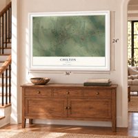 Chilton, Texas map, 24 x 36 inch print in a white frame above a dresser by a staircase