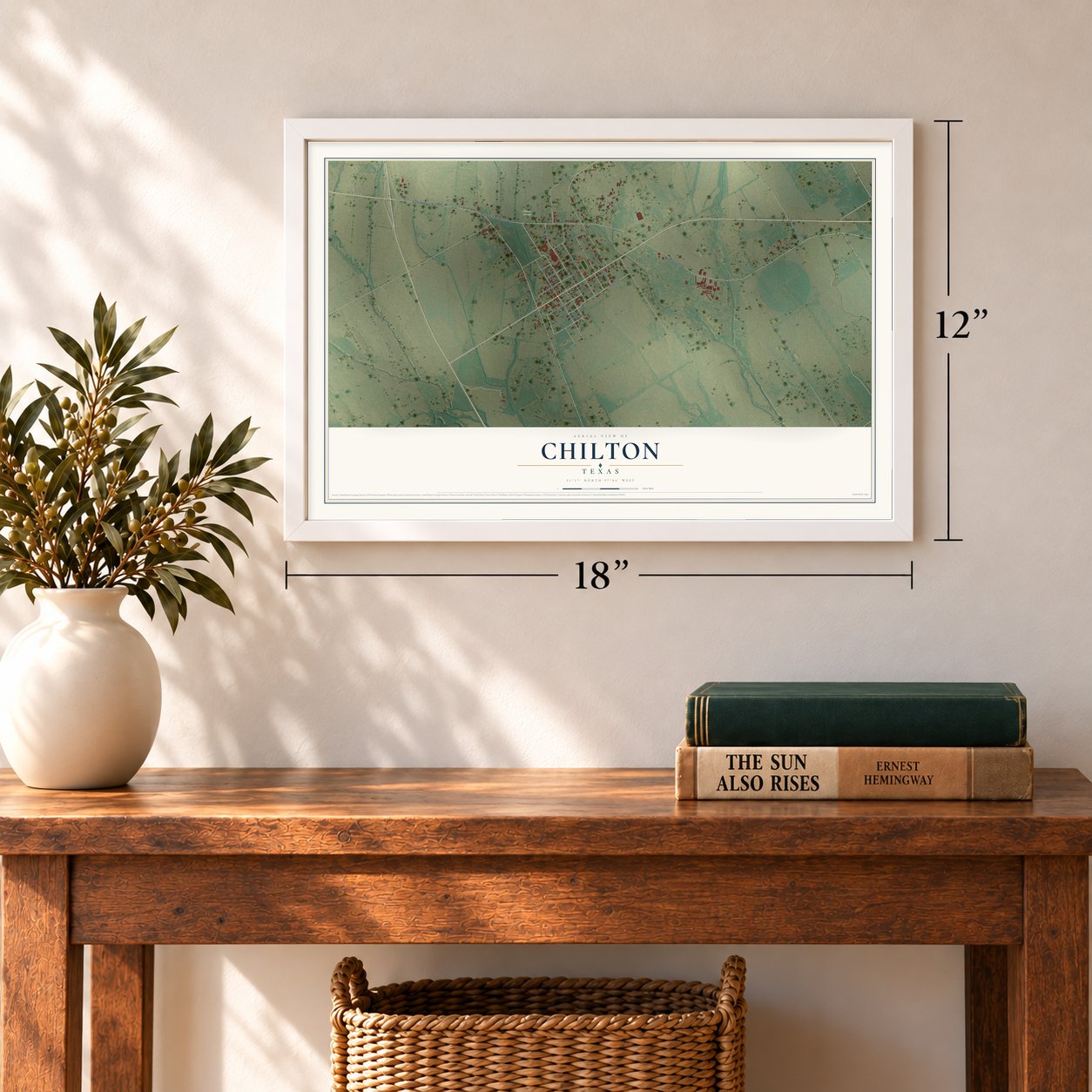 Chilton, Texas map, 12 x 18 inch print in a white frame in an entryway