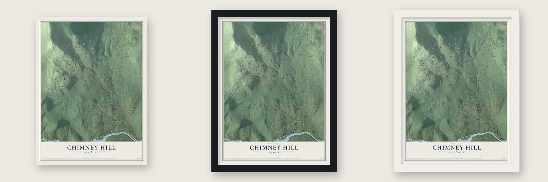 Chimney Hill, Vermont map unframed, in a black wood frame and in a white wood frame