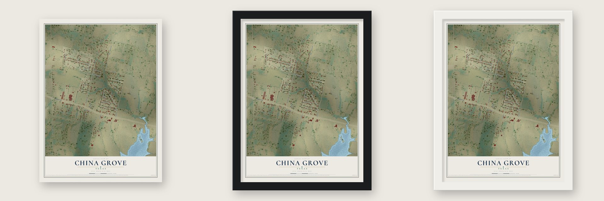China Grove, Texas map unframed, in a black wood frame and in a white wood frame