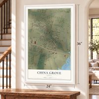 China Grove, Texas map, 24 x 36 inch print in a white frame by a staircase