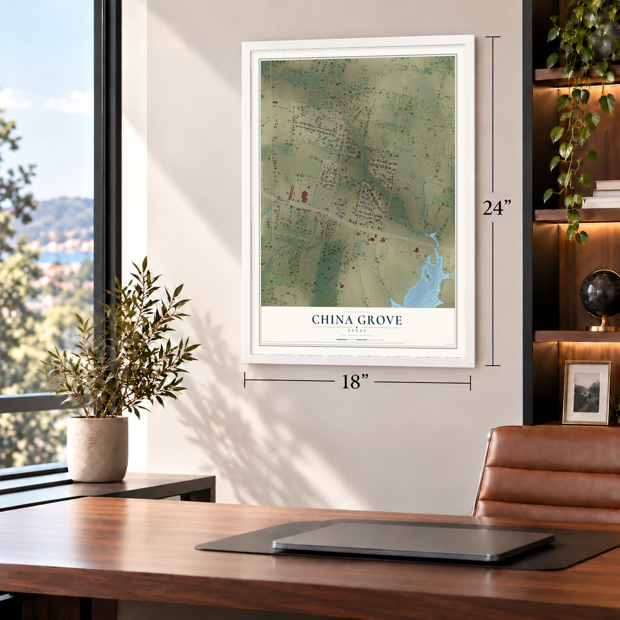 China Grove, Texas map, 18 x 24 inch print in a white frame in a home office