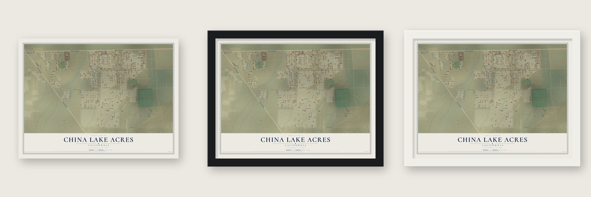 China Lake Acres, California map unframed, in a black wood frame and in a white wood frame