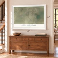 China Lake Acres, California map, 24 x 36 inch print in a white frame above a dresser by a staircase