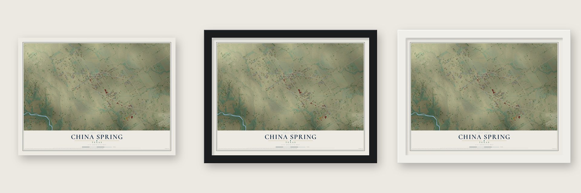China Spring, Texas map unframed, in a black wood frame and in a white wood frame