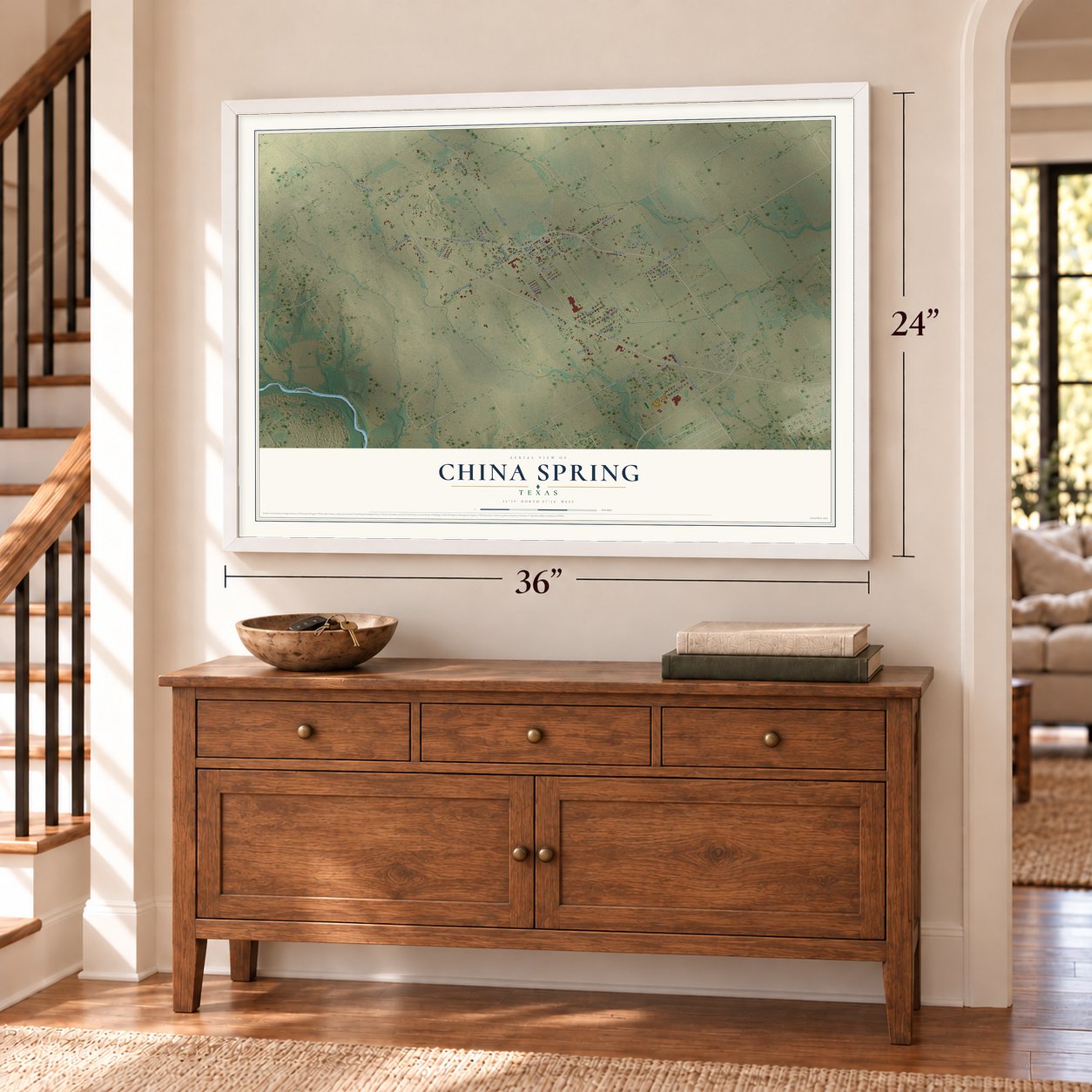 China Spring, Texas map, 24 x 36 inch print in a white frame above a dresser by a staircase
