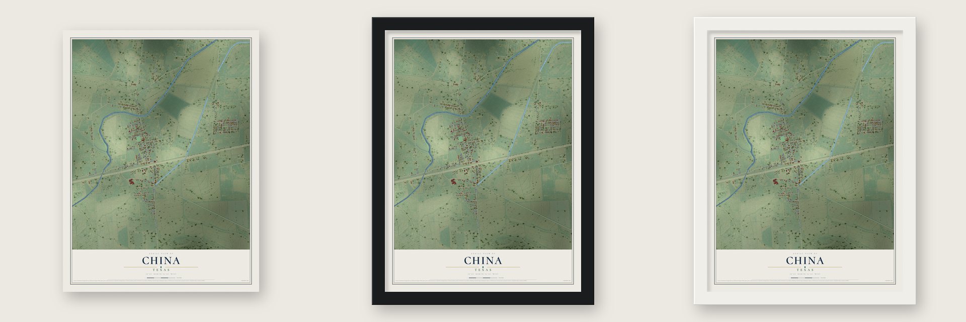 China, Texas map unframed, in a black wood frame and in a white wood frame