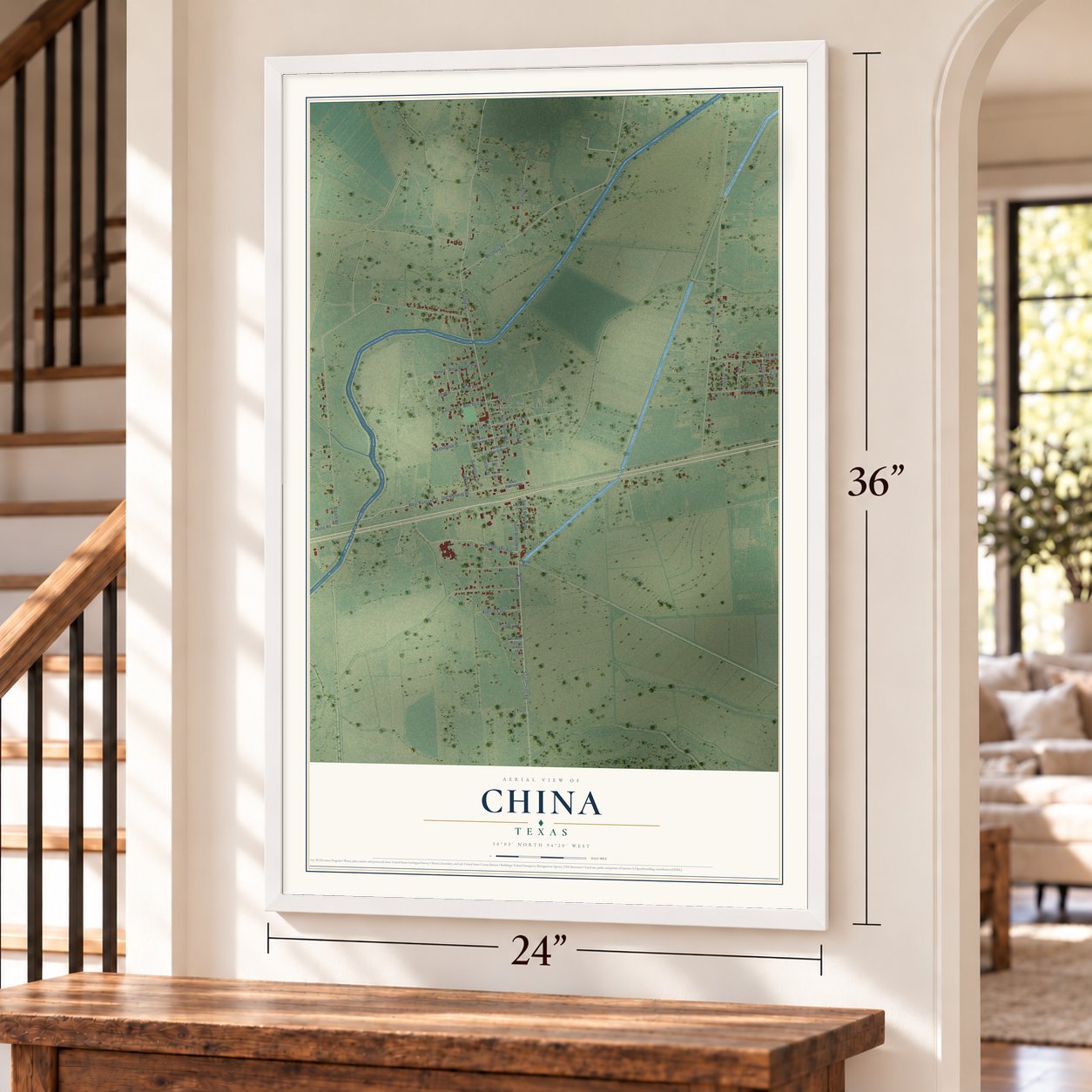 China, Texas map, 24 x 36 inch print in a white frame by a staircase