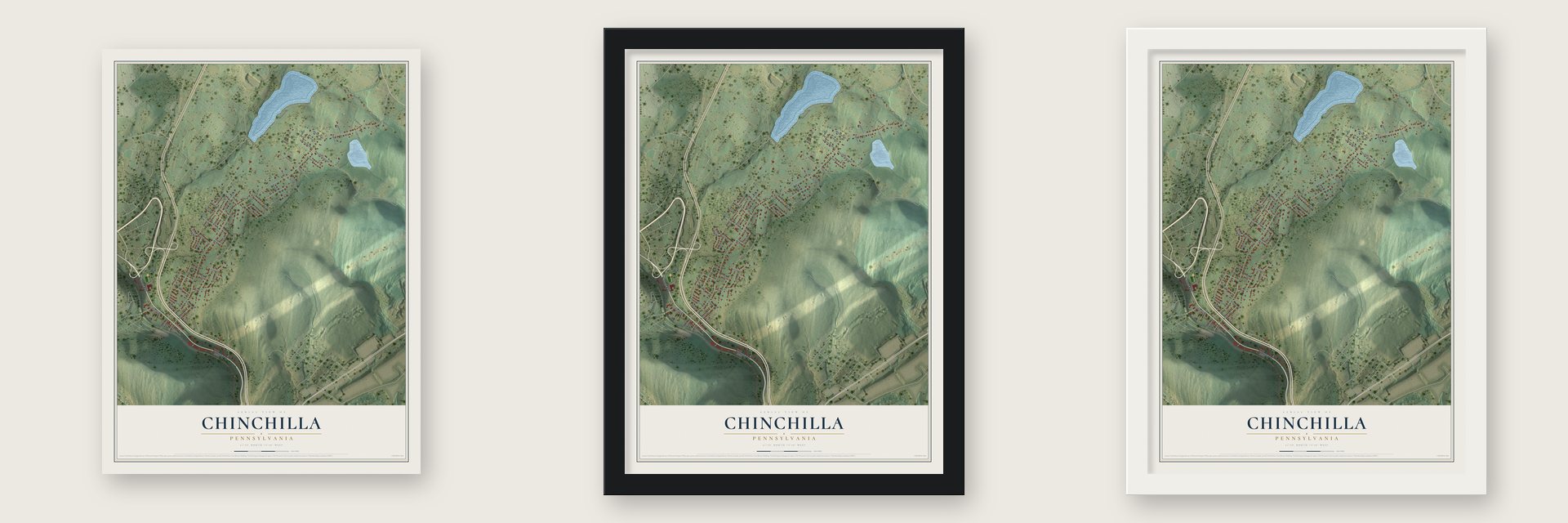 Chinchilla, Pennsylvania map unframed, in a black wood frame and in a white wood frame