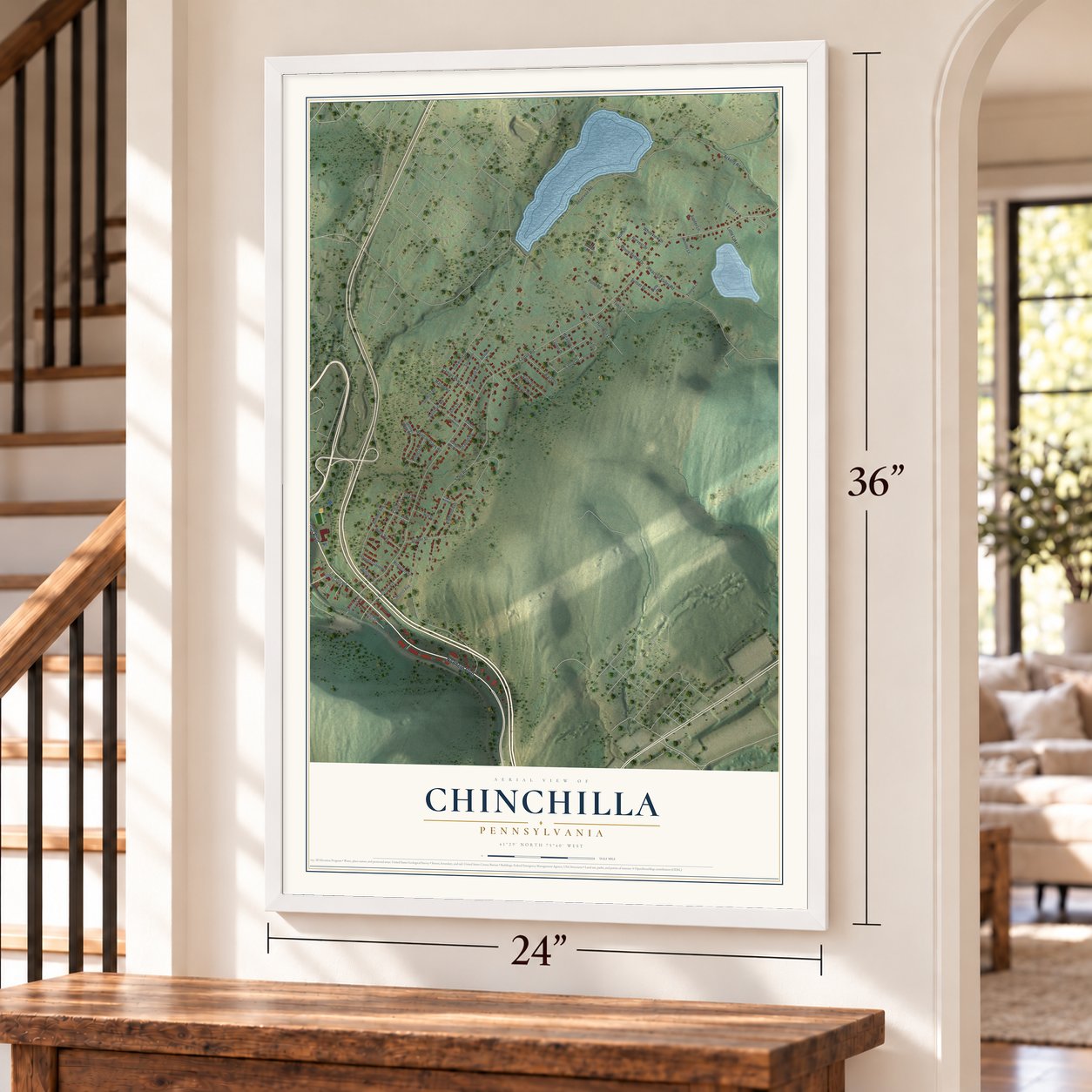 Chinchilla, Pennsylvania map, 24 x 36 inch print in a white frame by a staircase
