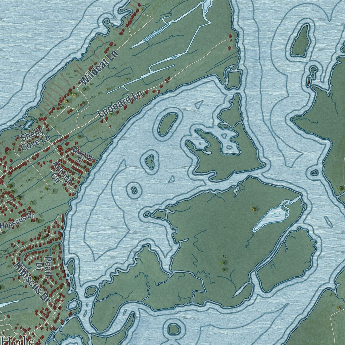 Second close-up of the map of Chincoteague, Virginia print showing more streets and buildings
